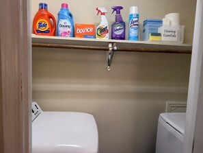A shelf with various cleaning products including Tide, Downy, Bounce, SROUT, Fabuloso, and Lysol. - The Durham Skybox (Durham)