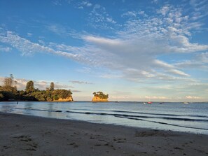 Ein Strand mit ruhigem Wasser, klarem Himmel und entfernten Booten.