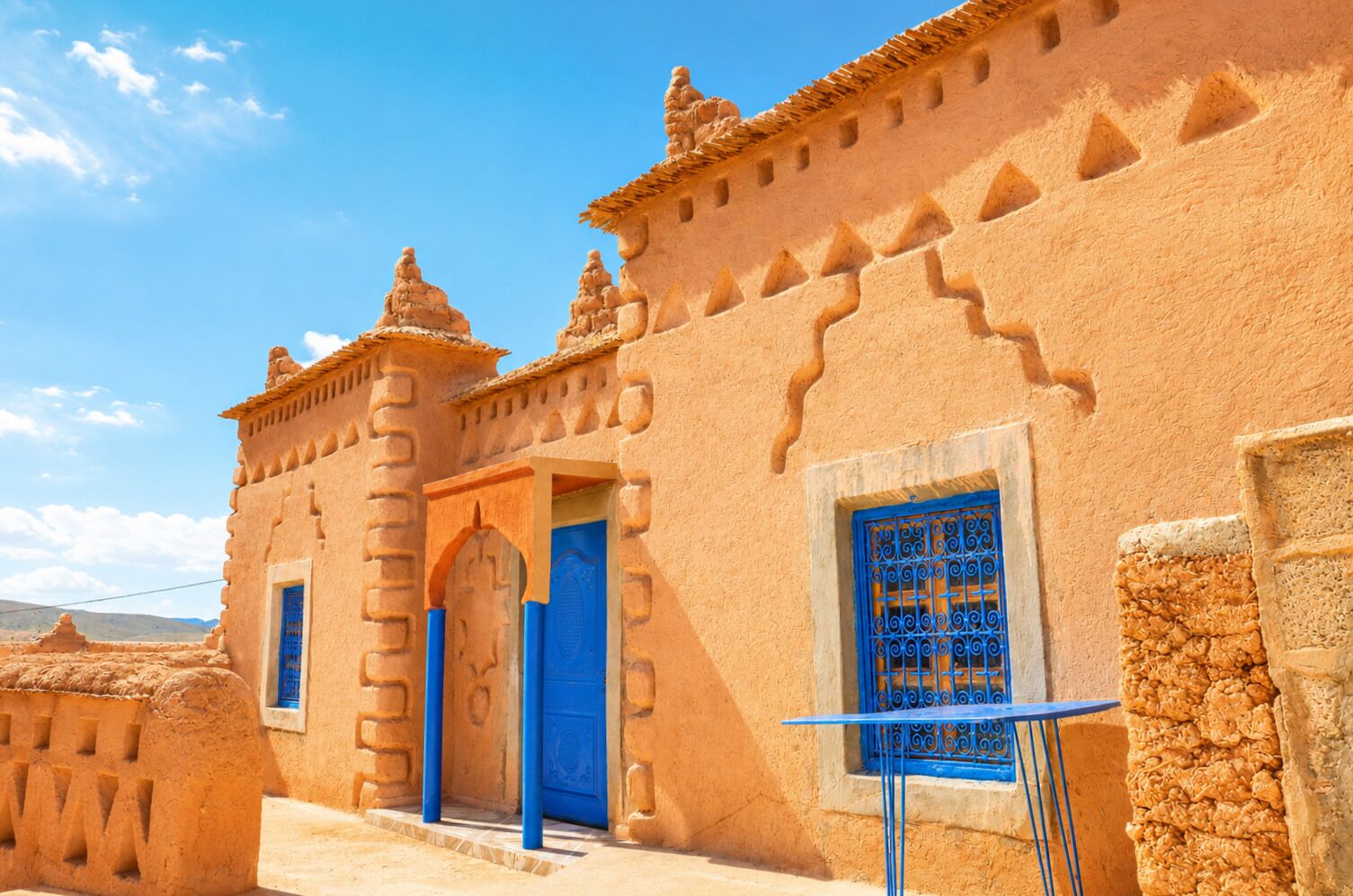 A traditional building with a distinctive architectural style, featuring a prominent doorway and a window with blue metal bars.