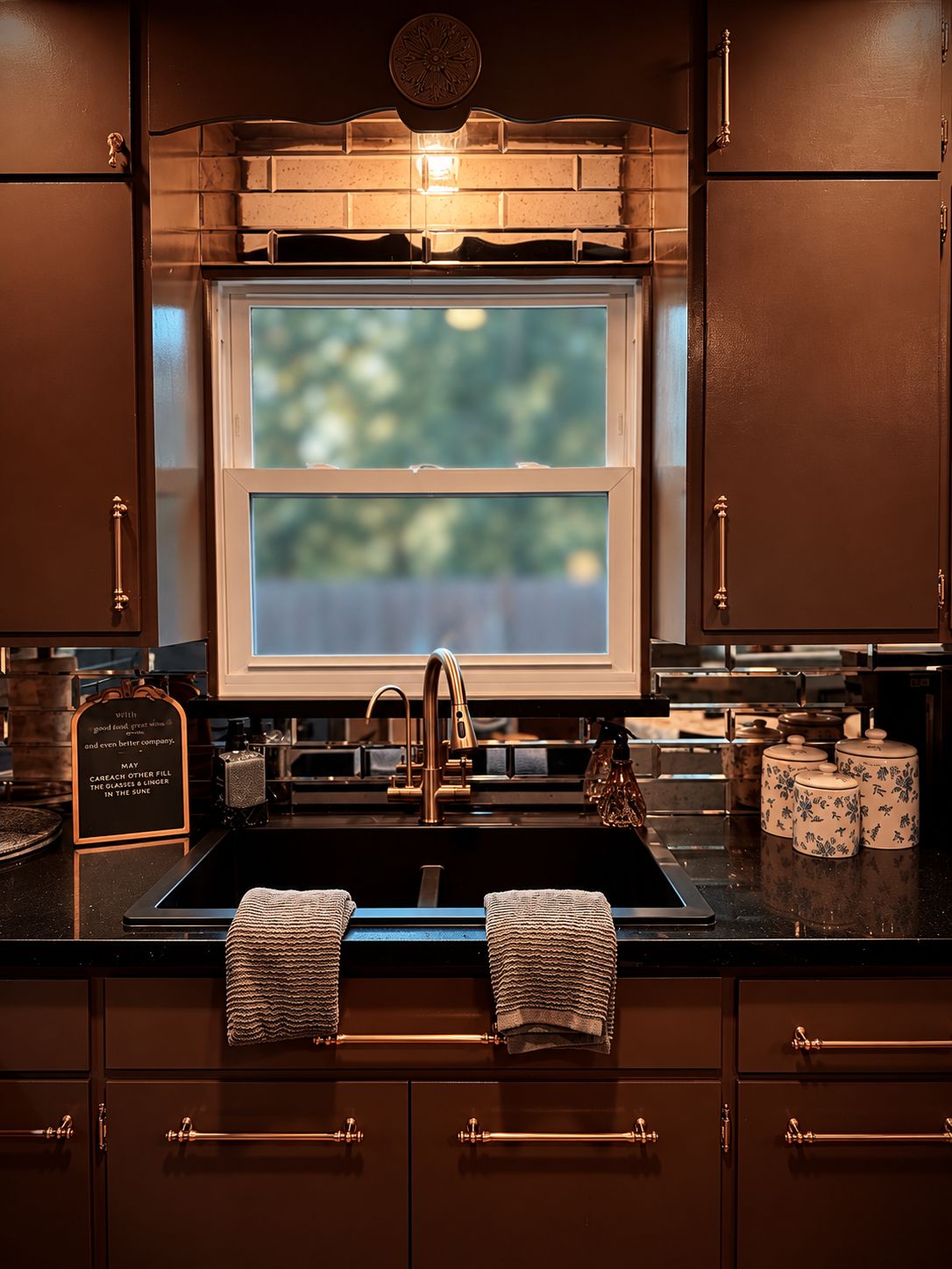 Cozinha com janela grande, eletrodomésticos de aço inoxidável e painel decorativo.