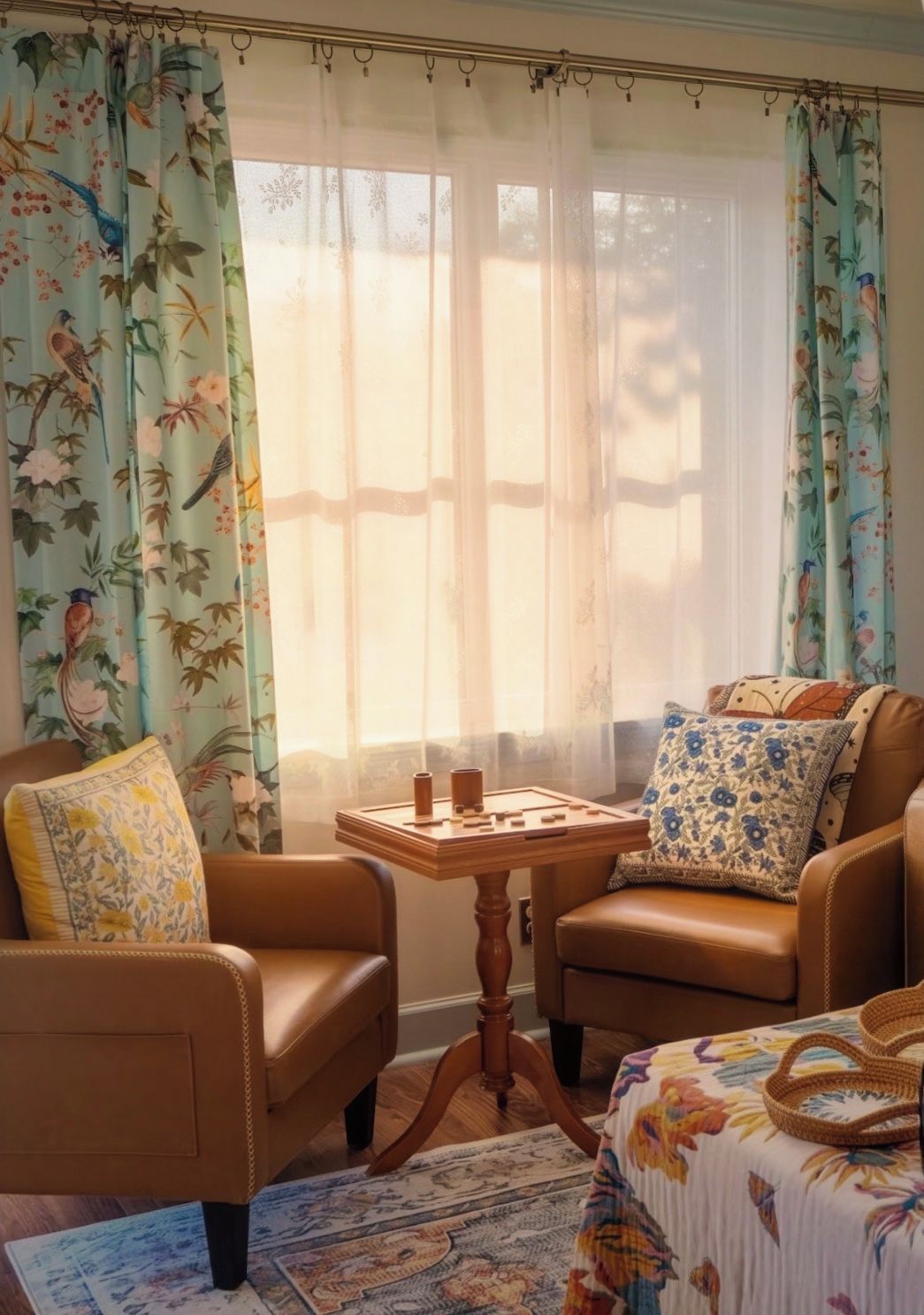 Sunny reading nook with leather chairs and charming floral accents