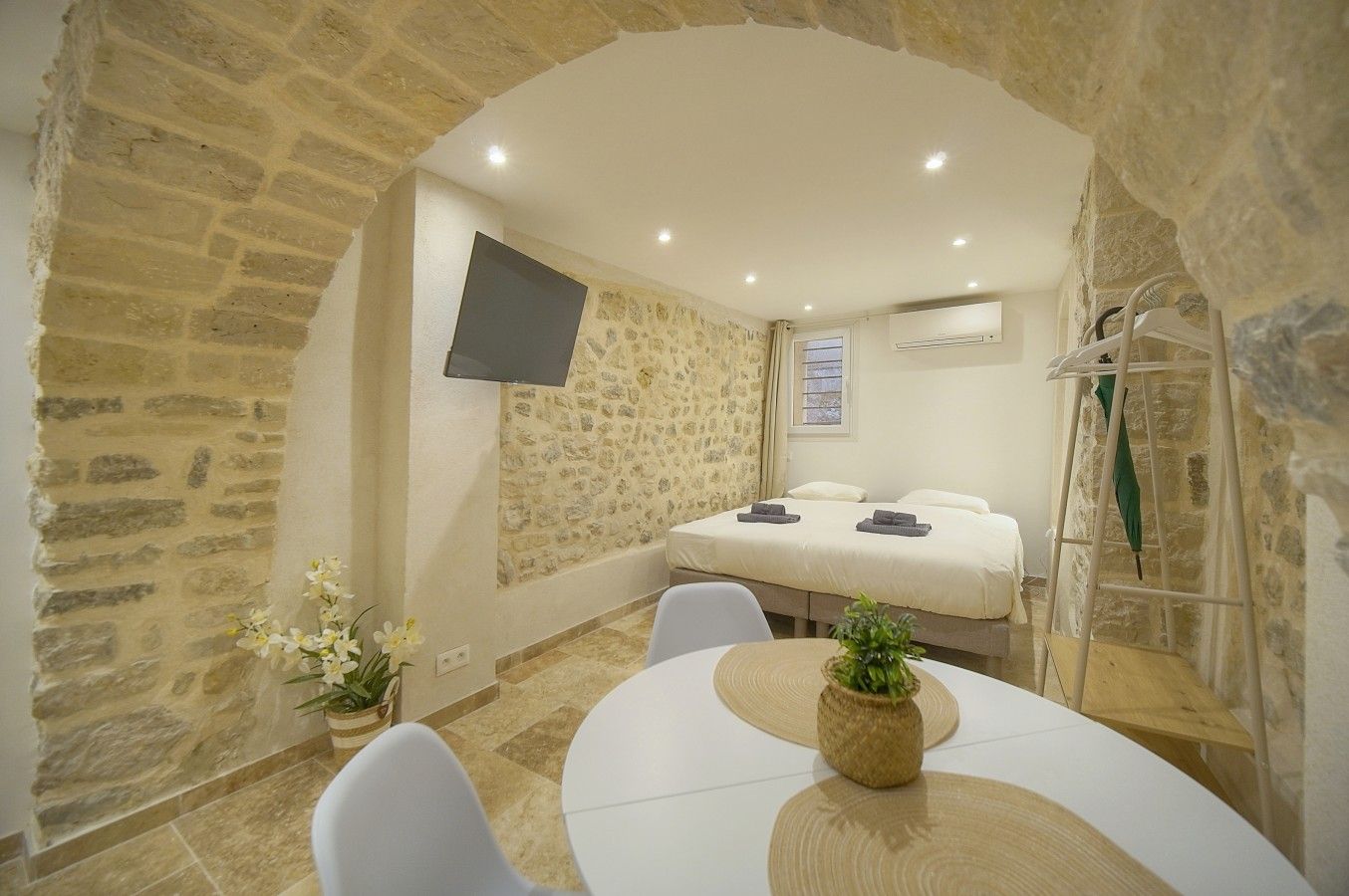 Una habitación con pared de piedra, una cama, un televisor, una mesa con sillas y una planta pequeña.