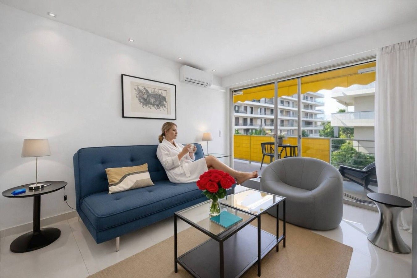 Ein modernes Hotelzimmer mit einem blauen Sofa, einem Glastisch mit einer Vase roter Blumen, einem grauen Sessel und Blick auf ein gelbes Gebäude durch große Fenster.