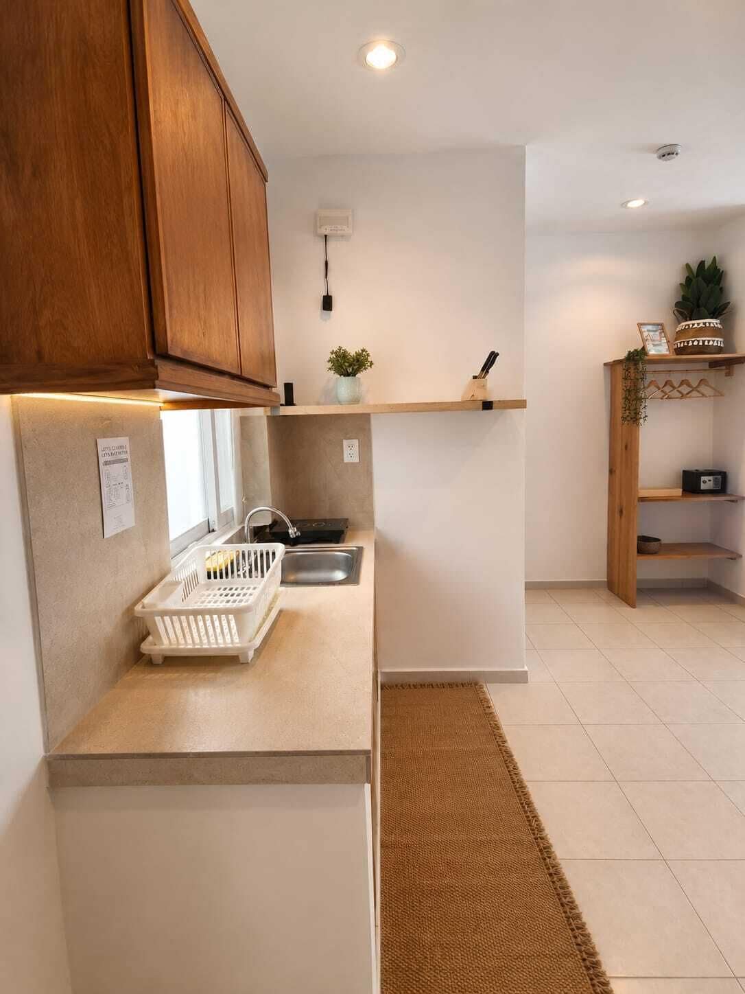 A kitchen with wooden cabinets, a white countertop, a sink, a small plant, and a hanging plant on a shelf.