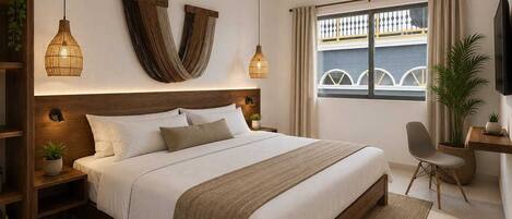 Habitación de hotel moderna con una cama grande, ventilador de techo, televisor y vistas al exterior.