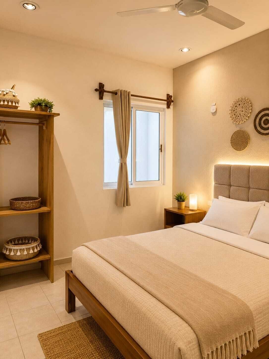 A bedroom with a bed, a wooden shelf, a window with curtains, a ceiling fan, and wall decor.