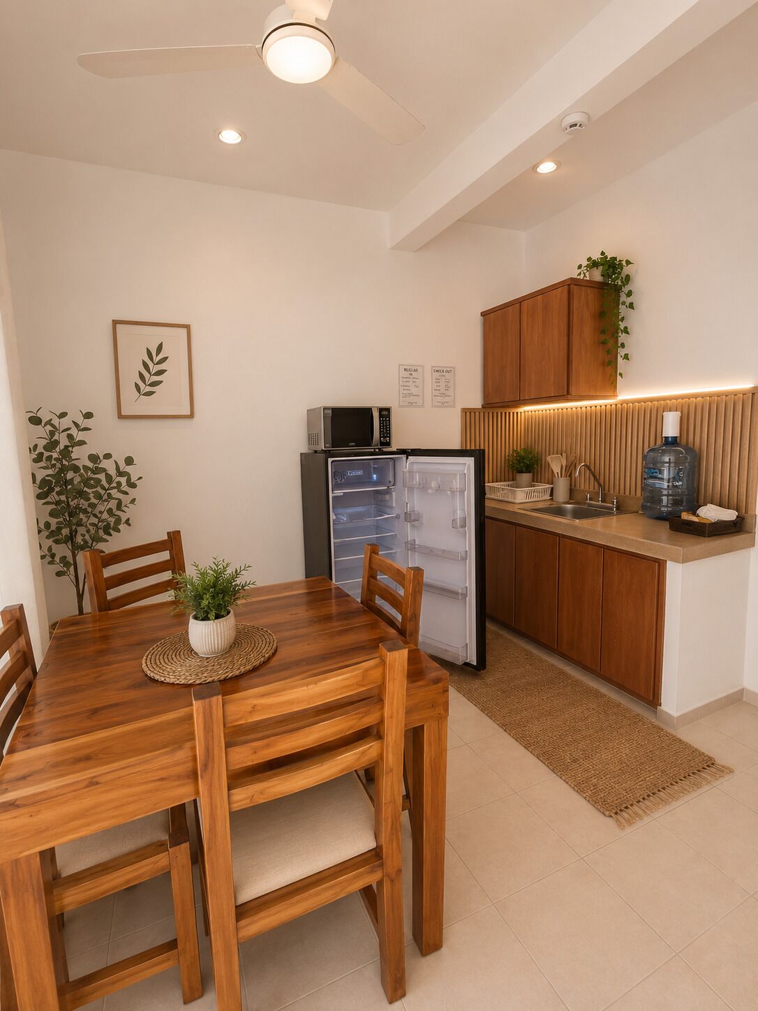A compact kitchen with a microwave, refrigerator, wooden cabinets, and a dining area with a table and chairs.