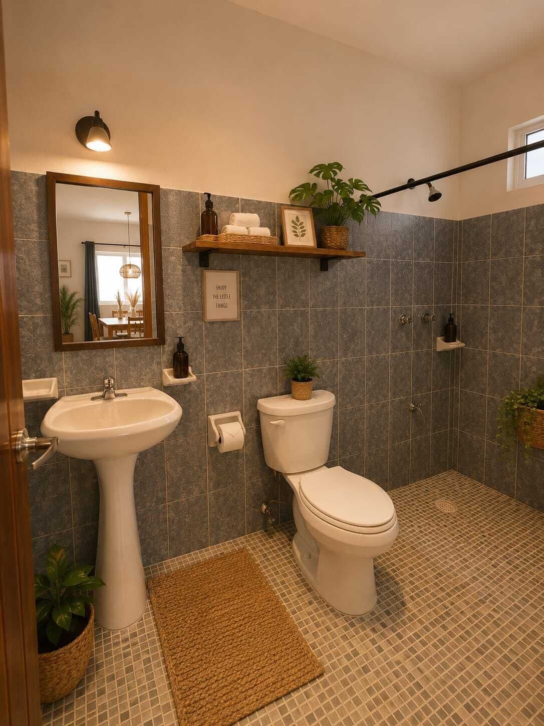 A bathroom with a pedestal sink, toilet, shower, and a mirror.