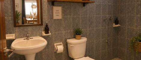 A bathroom with a pedestal sink, toilet, shower, and a mirror.