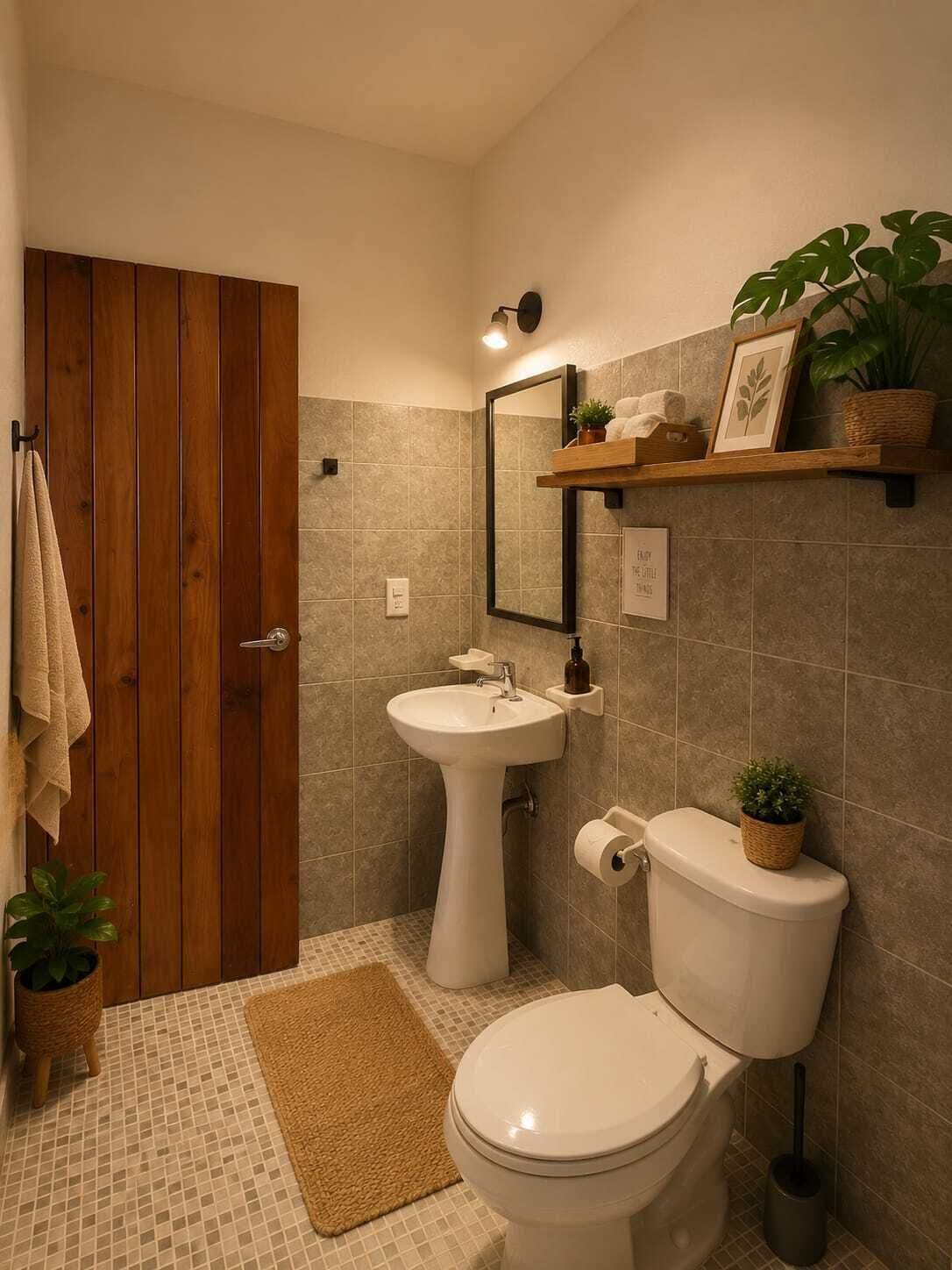 Ein Badezimmer mit Holztür, Waschbecken, Toilette, Spiegel und Ablagefläche mit Pflanzen.