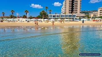 On the beach, sun-loungers, beach umbrellas, beach bar