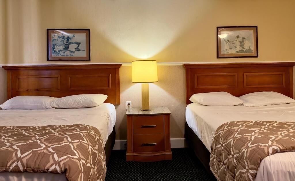 A hotel room with two beds, a nightstand with a lamp, and two framed pictures on the wall.