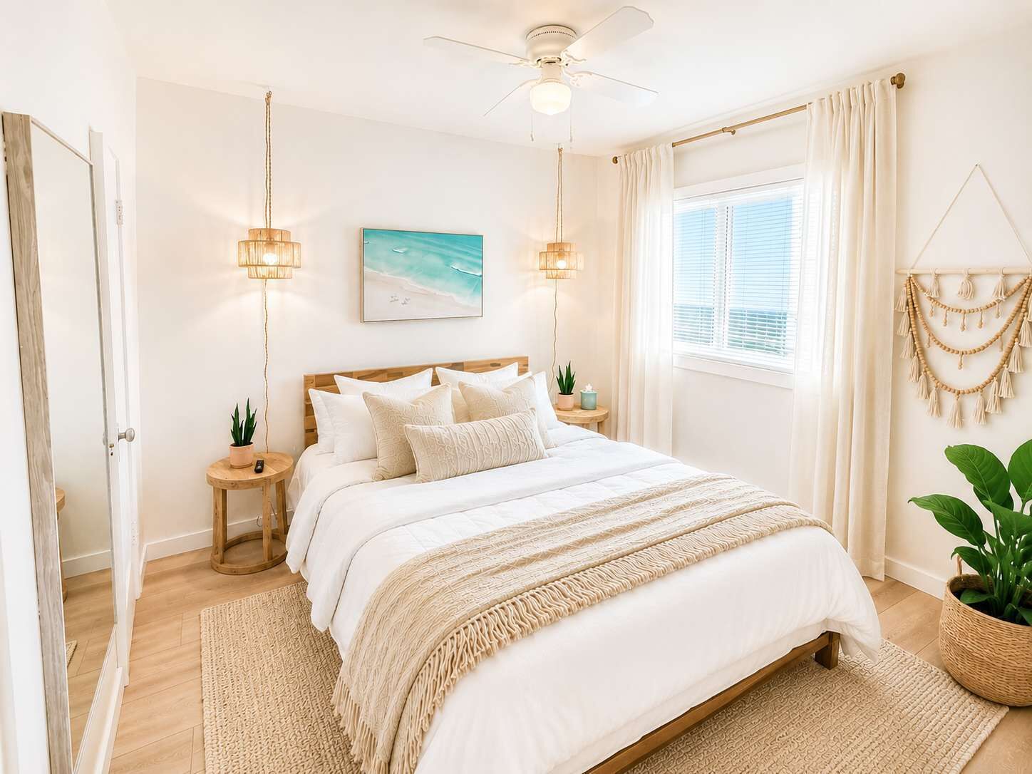 A bedroom with a bed, bedside tables, a ceiling fan, a window with curtains, and a wall-mounted plant.