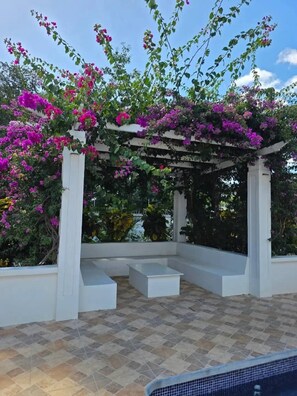Ein überdachter Außenbereich mit einer Pergola, umgeben von einem Pool und üppiger Bepflanzung.