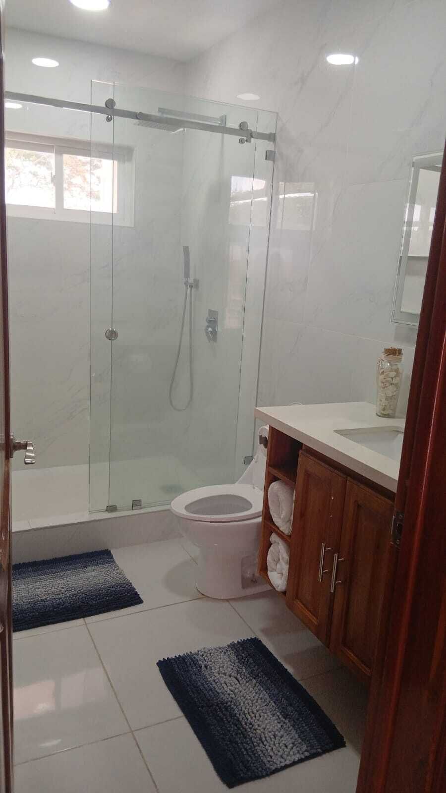 Een moderne badkamer met een douche in glazen cabine, een toilet en een wastafel met spiegel.