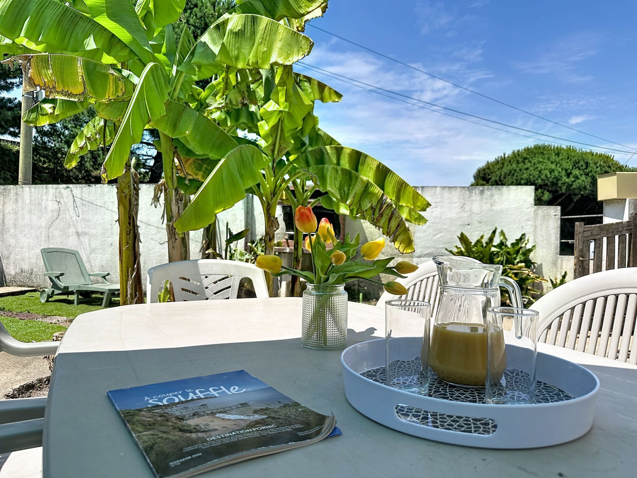 A table with a magazine, a glass pitcher, and a vase with flowers.