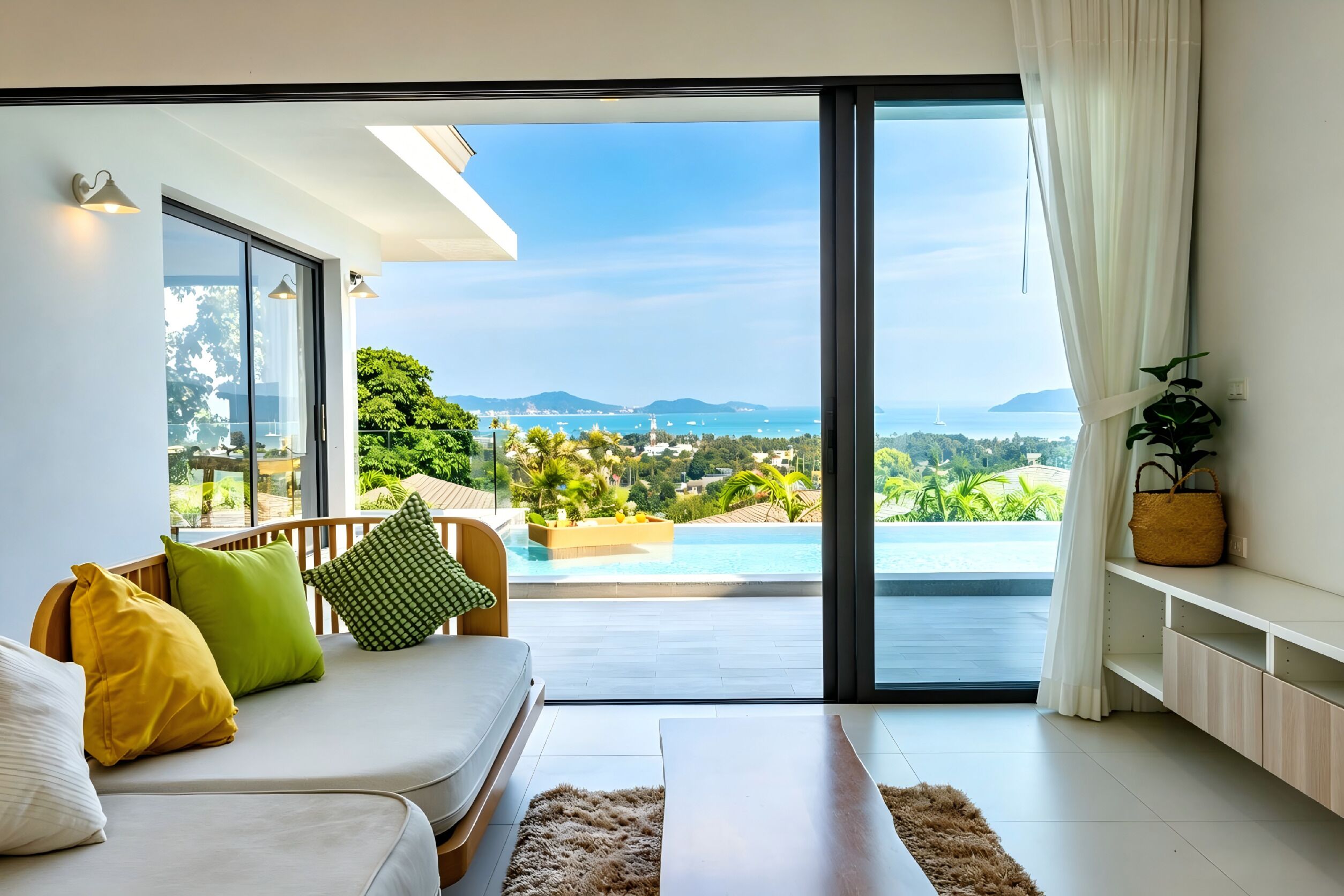 Una sala de estar moderna con un sofá, cojines, una mesita de centro y vistas a una piscina y paisaje.