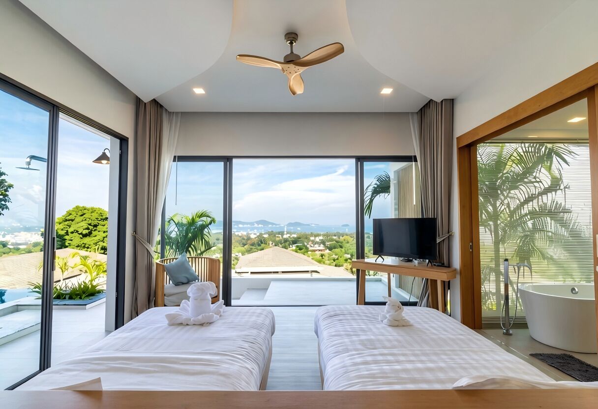 A modern hotel room with a large bed, a ceiling fan, a TV, and a view of the outdoors.