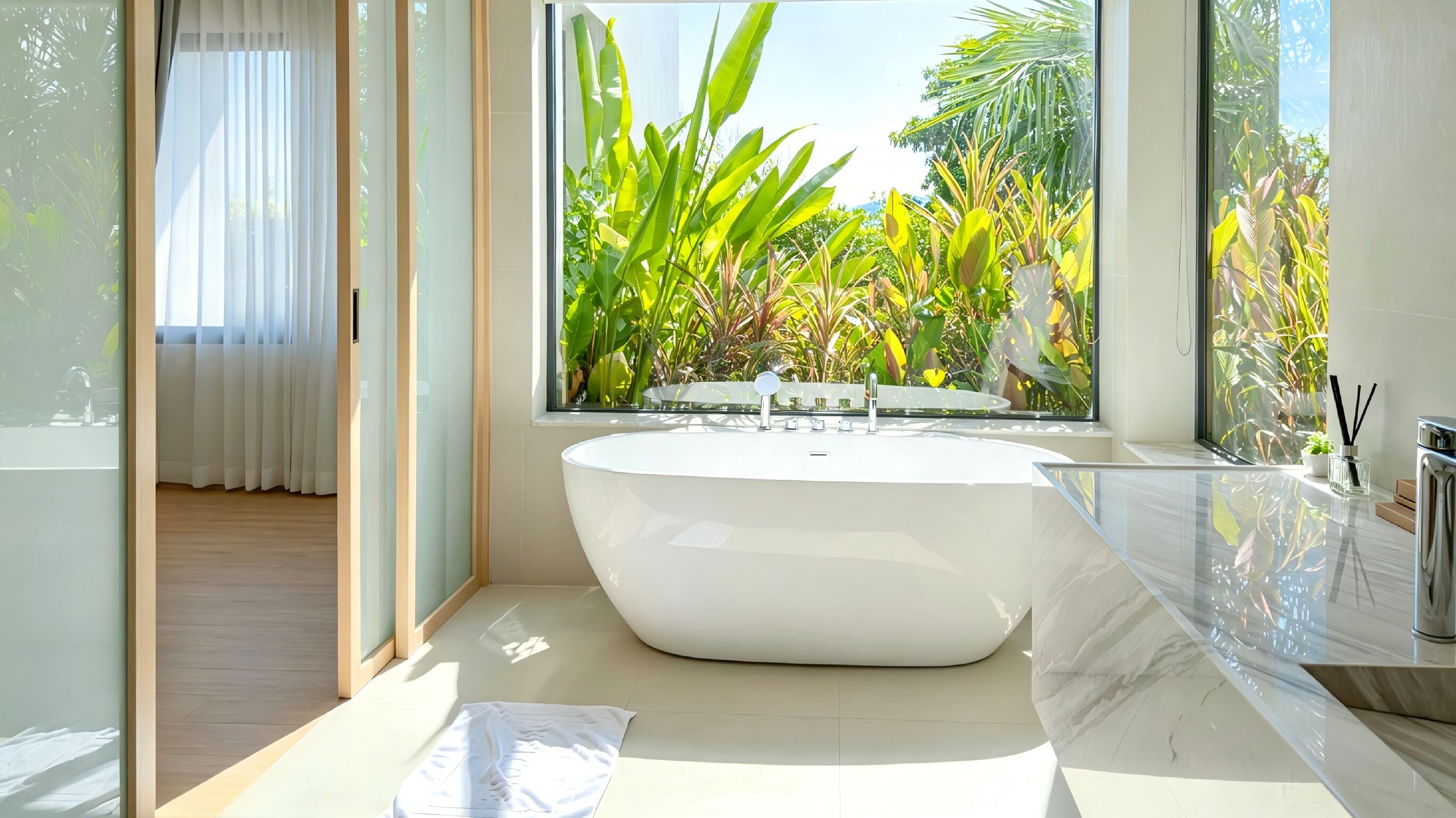 A modern bathroom with a freestanding bathtub, a large window with a view of tropical plants, and a marble countertop.