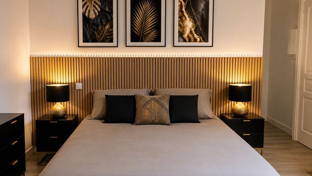 A neatly arranged bedroom with a large bed, two bedside tables with lamps, and three framed artworks on the wall.