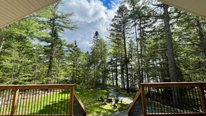 A deck with a view of a forested area, including tall trees and a grassy lawn.