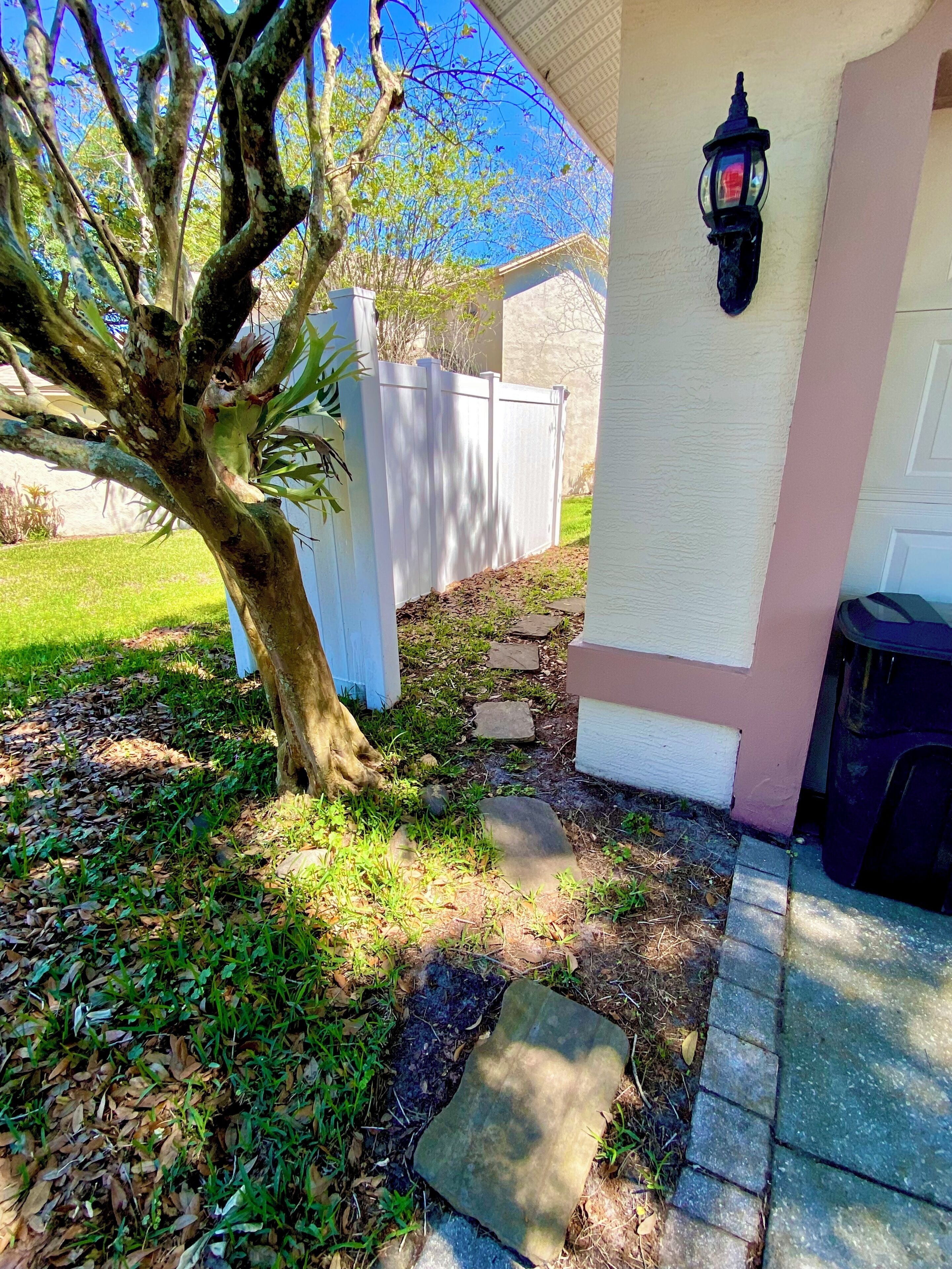 A tree in front of a house with a white fence, a pathway leading to the door, and a black trash bin to the right.