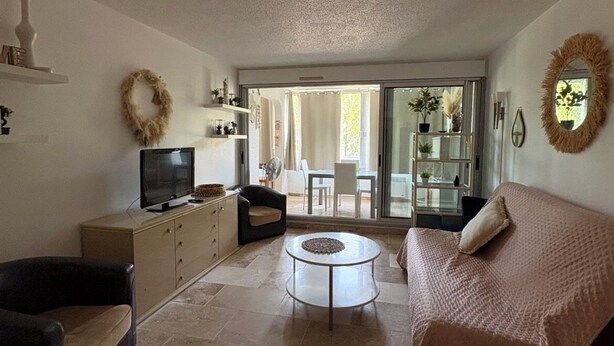 A living room with a sofa, a television, a coffee table, and a dining area with chairs and a table. - Charming two-bedroom apartment in La Motte-du-Couchant, 200 meters from the beaches (La Grande-Motte)
