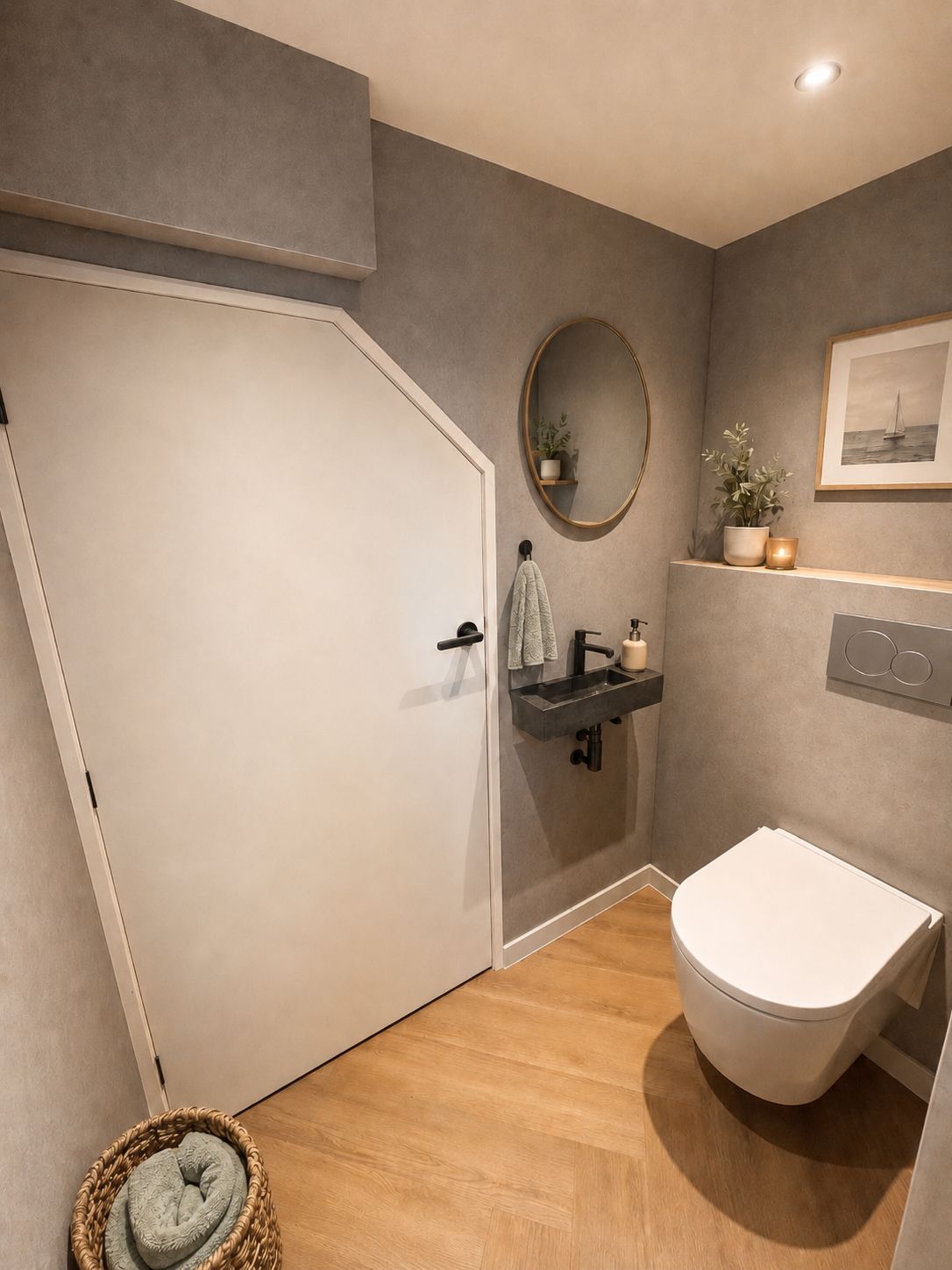 Un baño moderno con inodoro blanco, espejo redondo, lavamanos y repisa con plantas.