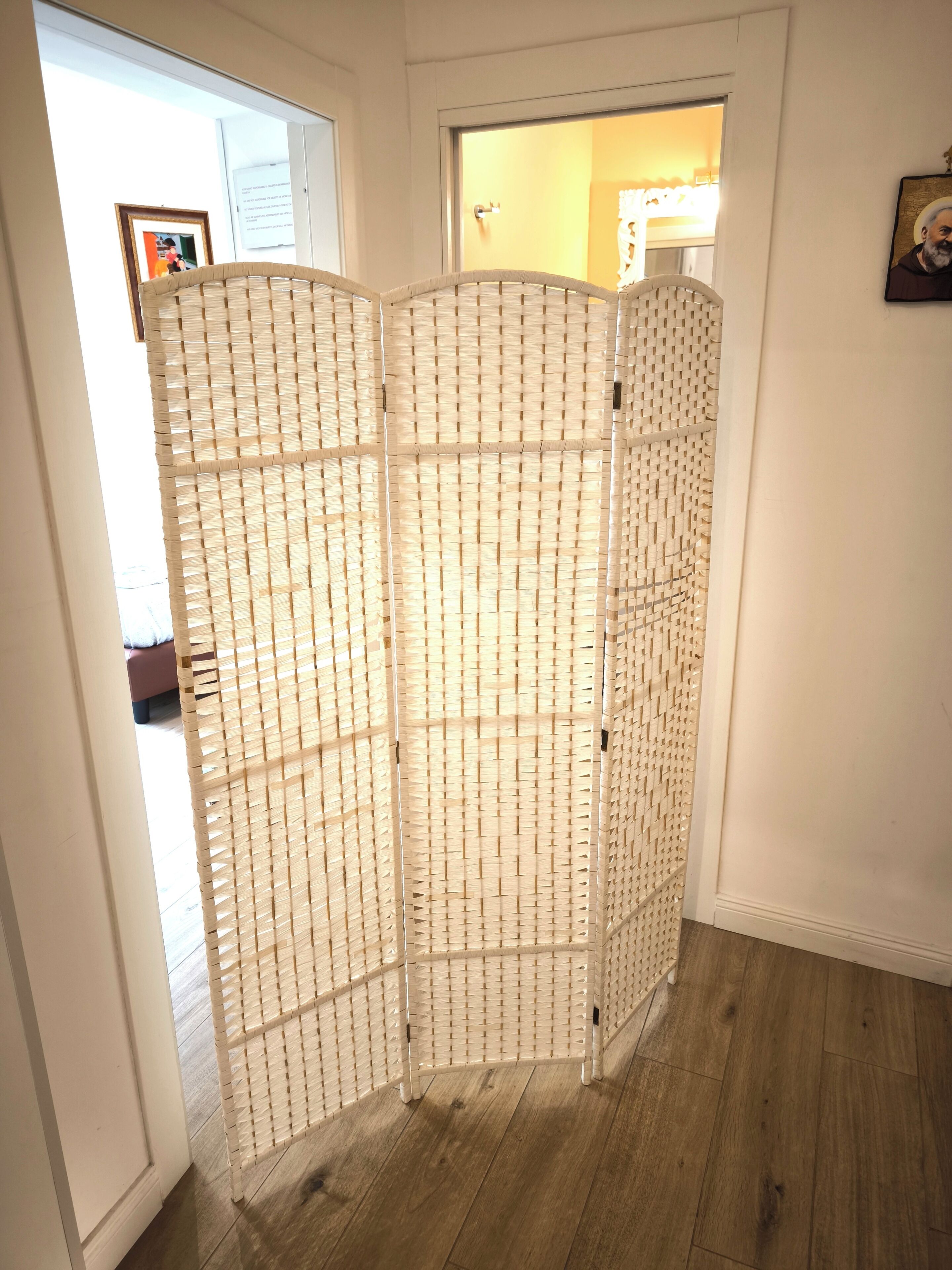 A room with a wooden floor, a white door, and a white wall.