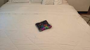 Een bed met een gewatteerde witte spreideken, een decoratieve hoofdbord en één meerkleurig kussen.