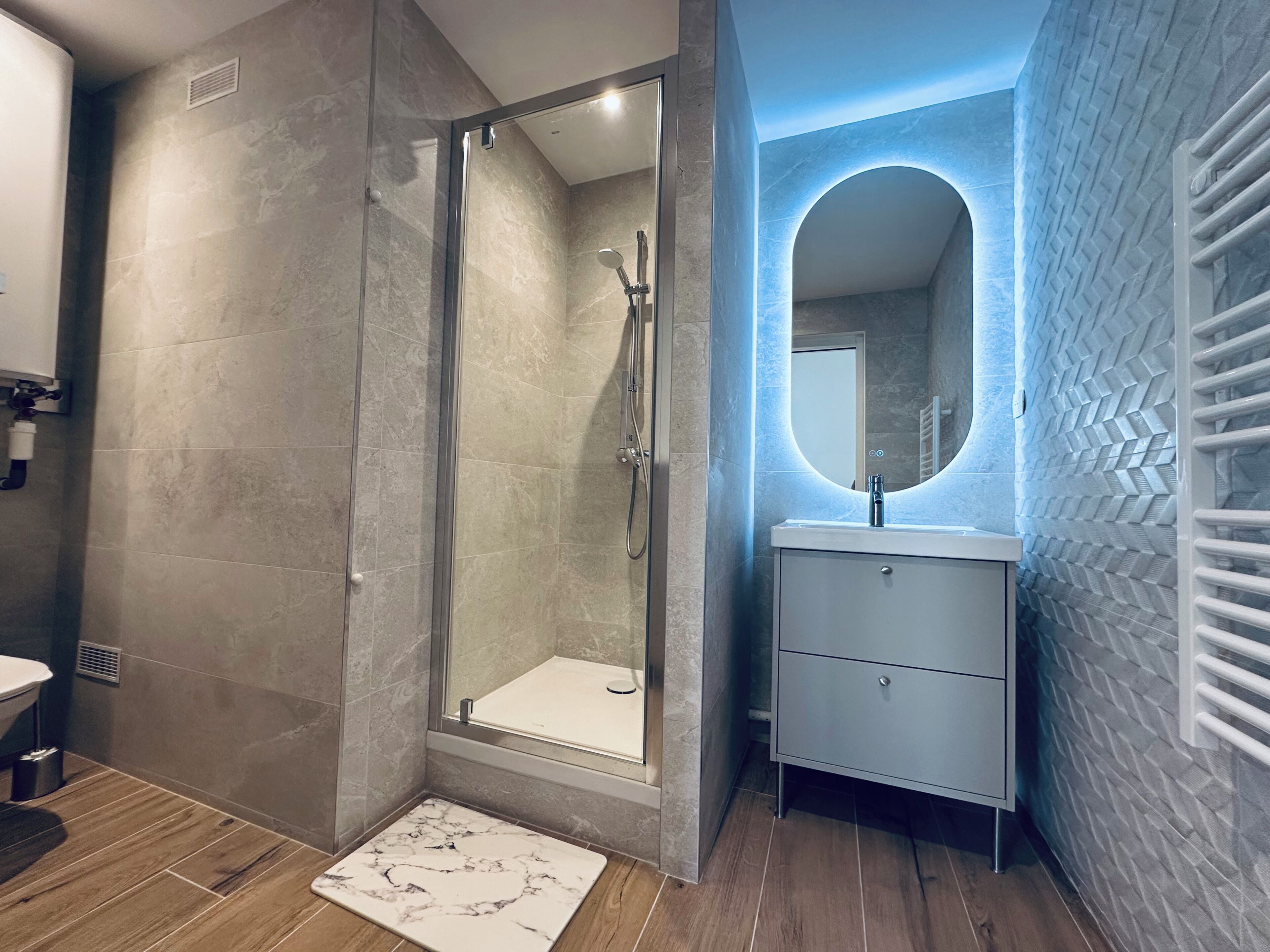 Shower, towels, toilet paper