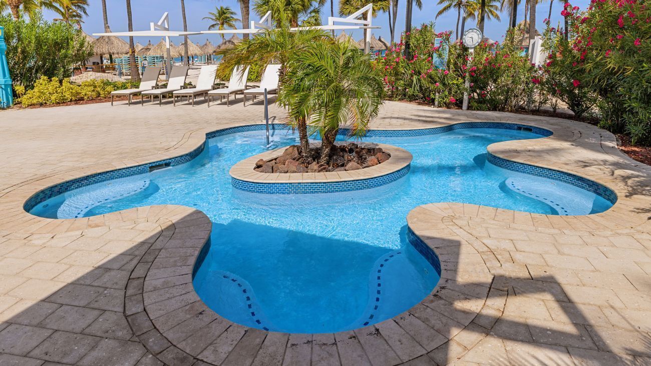 A pool with a unique shape, surrounded by lounge chairs and palm trees.