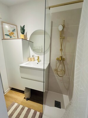 Douche, serviettes fournies, papier toilette