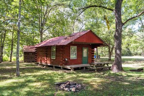 A rustic cabin with a green door and windows, surrounded by trees.
