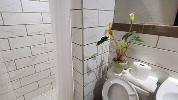 A bathroom with a shower, toilet, bidet, and sink.