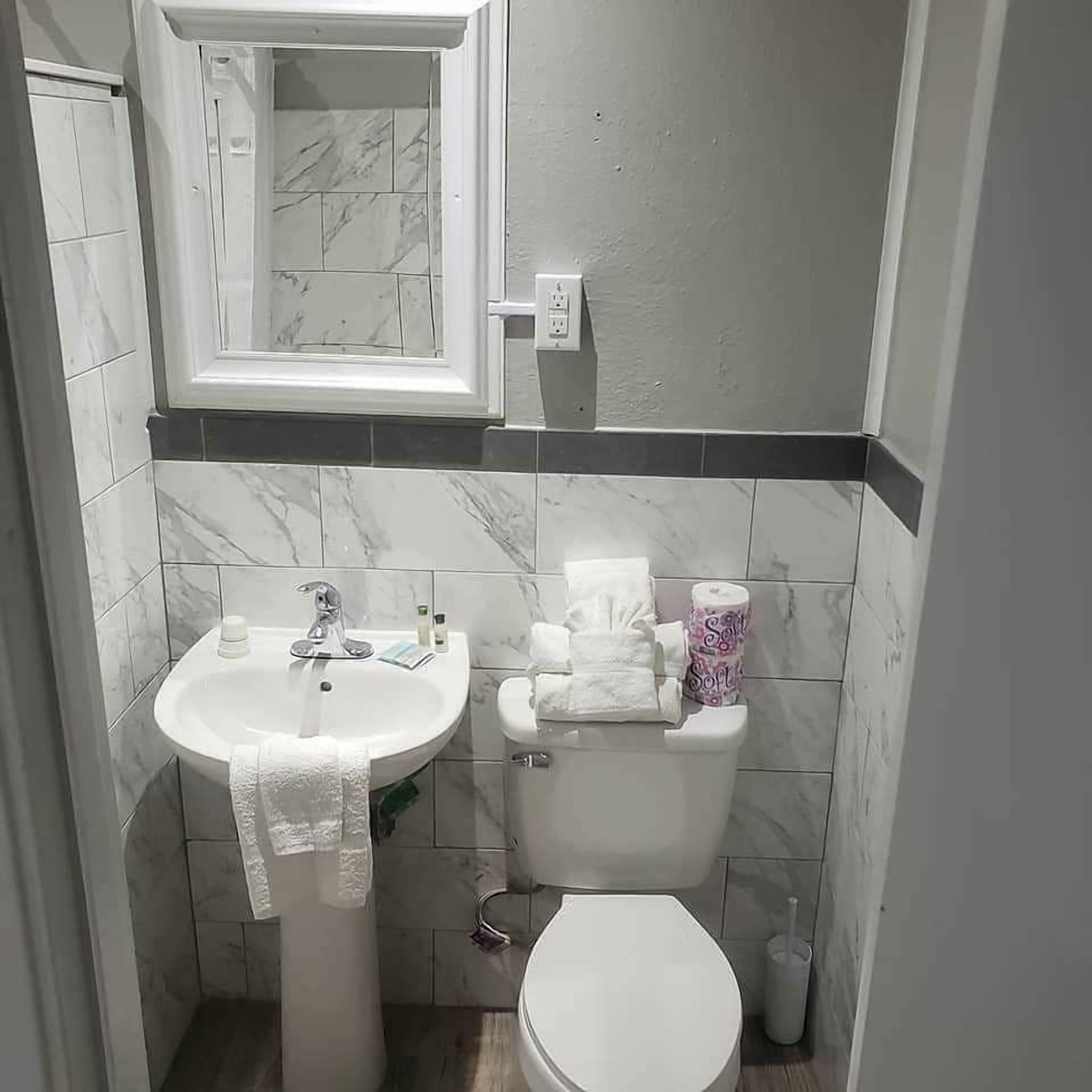 A bathroom with a pedestal sink, toilet, and a mirror above the sink.