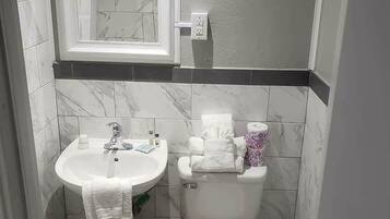 A bathroom with a pedestal sink, toilet, and a mirror above the sink.