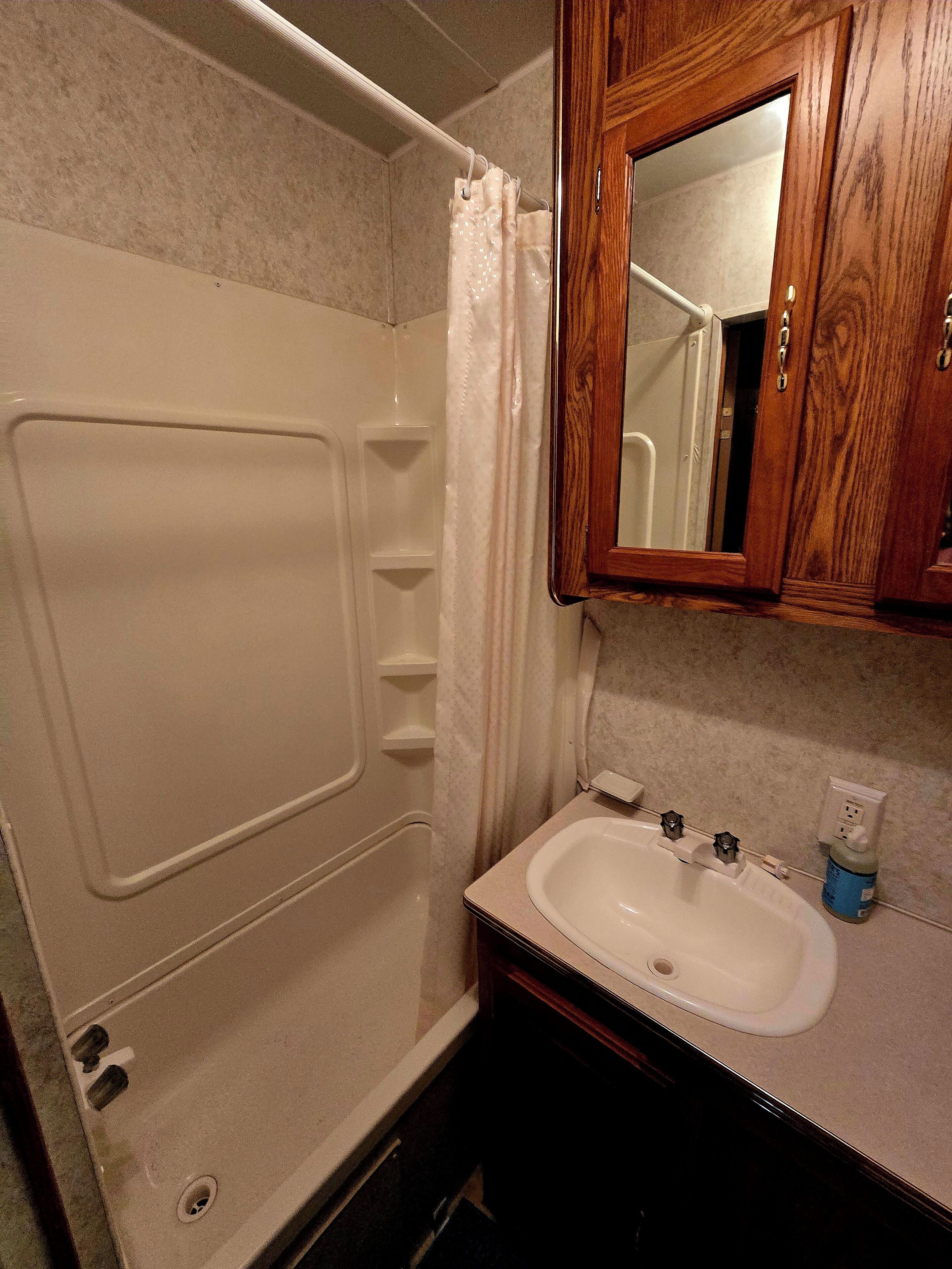 Shower, towels, toilet paper
