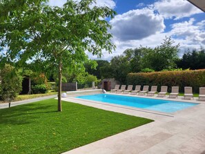 A rectangular swimming pool with a tiled deck, surrounded by a well-maintained lawn and a hedge. - En face du parc de Loire d' Orléans,maison classée "remarquable" avec piscine (Saint-Denis-en-Val)