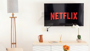 Ein modernes Wohnzimmer mit einem Fernseher, der 'NETFLIX' anzeigt, einem Sofa, einer Stehlampe, einem Couchtisch und einer Vase mit Blumen.