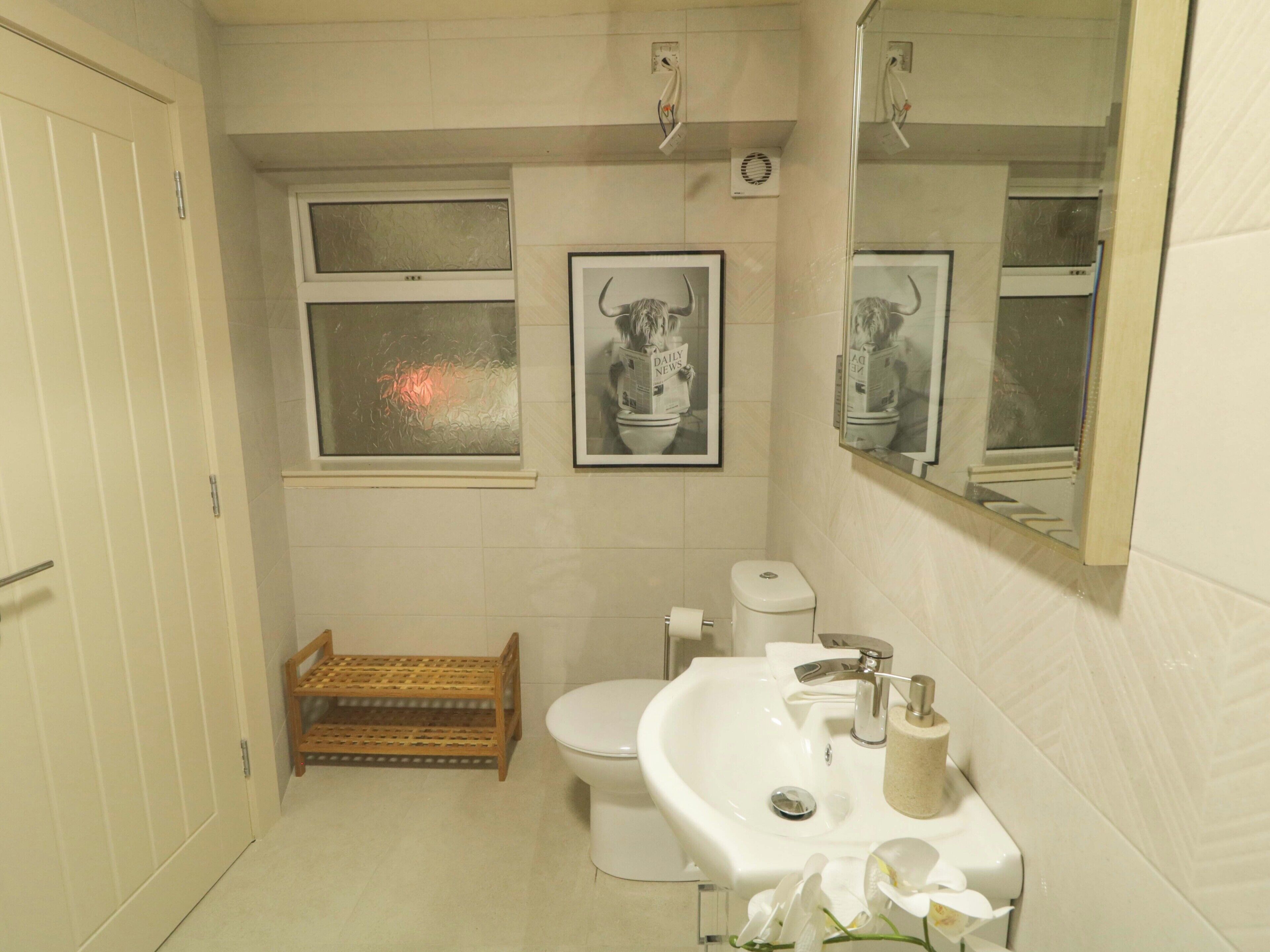 A bathroom with a toilet, sink, mirror, framed picture, and a window with frosted glass.