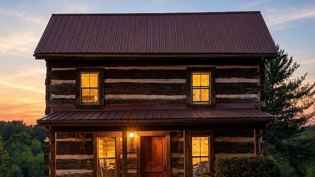 A log cabin with a porch, a front door, and two windows on the upper level.