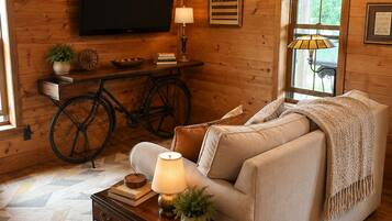 Una Smart TV, una chimenea, libros