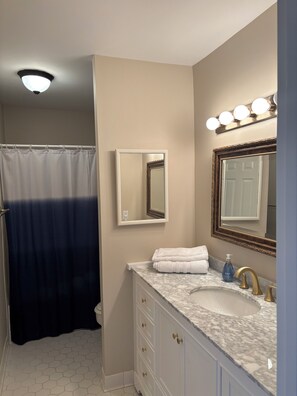 A bathroom with a shower curtain, a sink with a marble countertop, a mirror with lights, and a vanity with drawers.