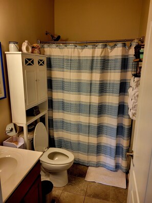 A bathroom with a striped shower curtain, a toilet, a sink, and a cabinet with a mirror. - Cozy 1-bedroom house in beautiful Indian Trail with AC (Indian Trail)