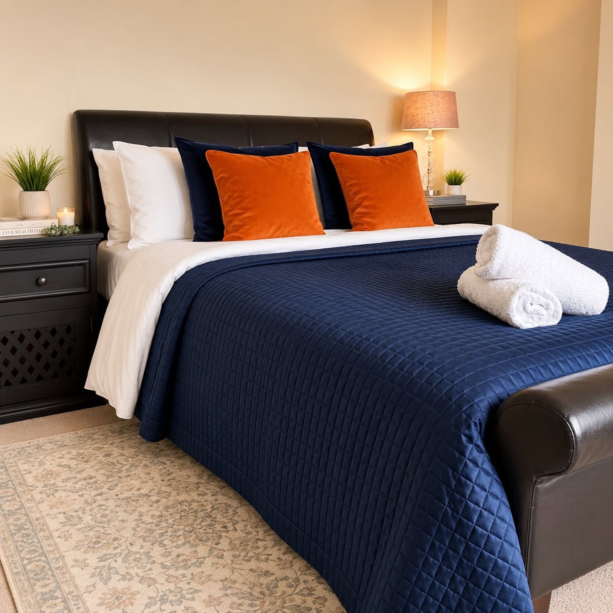 A neatly made bed with a dark blue quilt, white pillows, and two orange accent pillows. There is a white towel on the bed, a nightstand with a lamp, and a small plant on the nightstand.