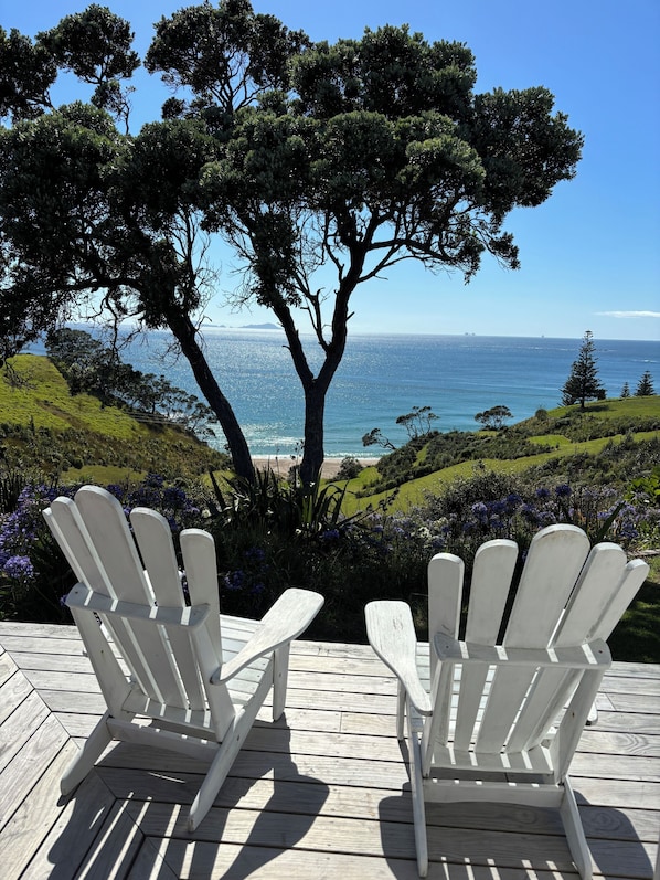Deux chaises Adirondack blanches sont posées sur une terrasse en bois, donnant sur une plage. Un arbre se trouve au premier plan et le ciel est d’un bleu limpide.