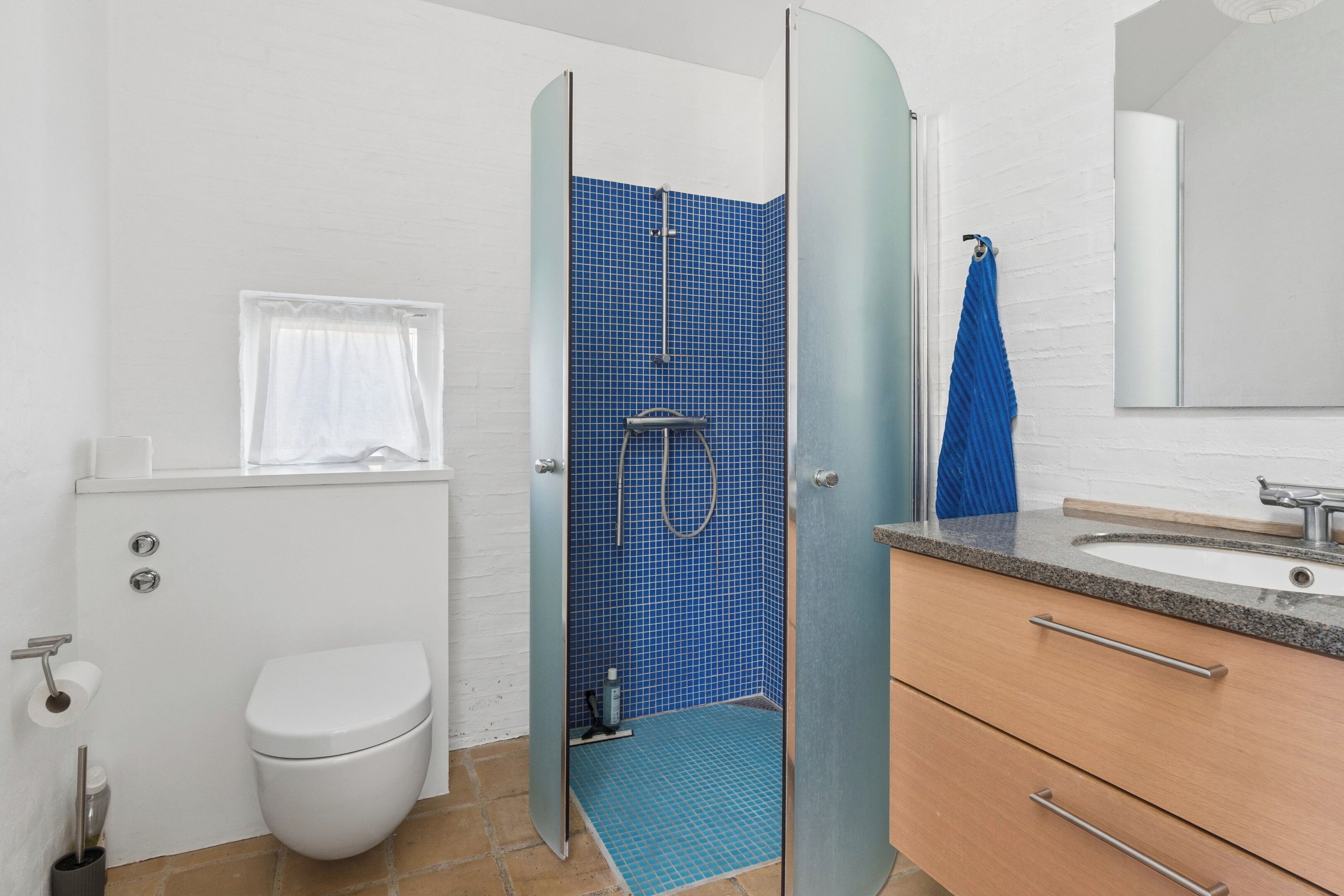 Un bagno con il water bianco, una doccia rivestita di piastrelle blu, un lavandino con uno specchio e un porta asciugamani.