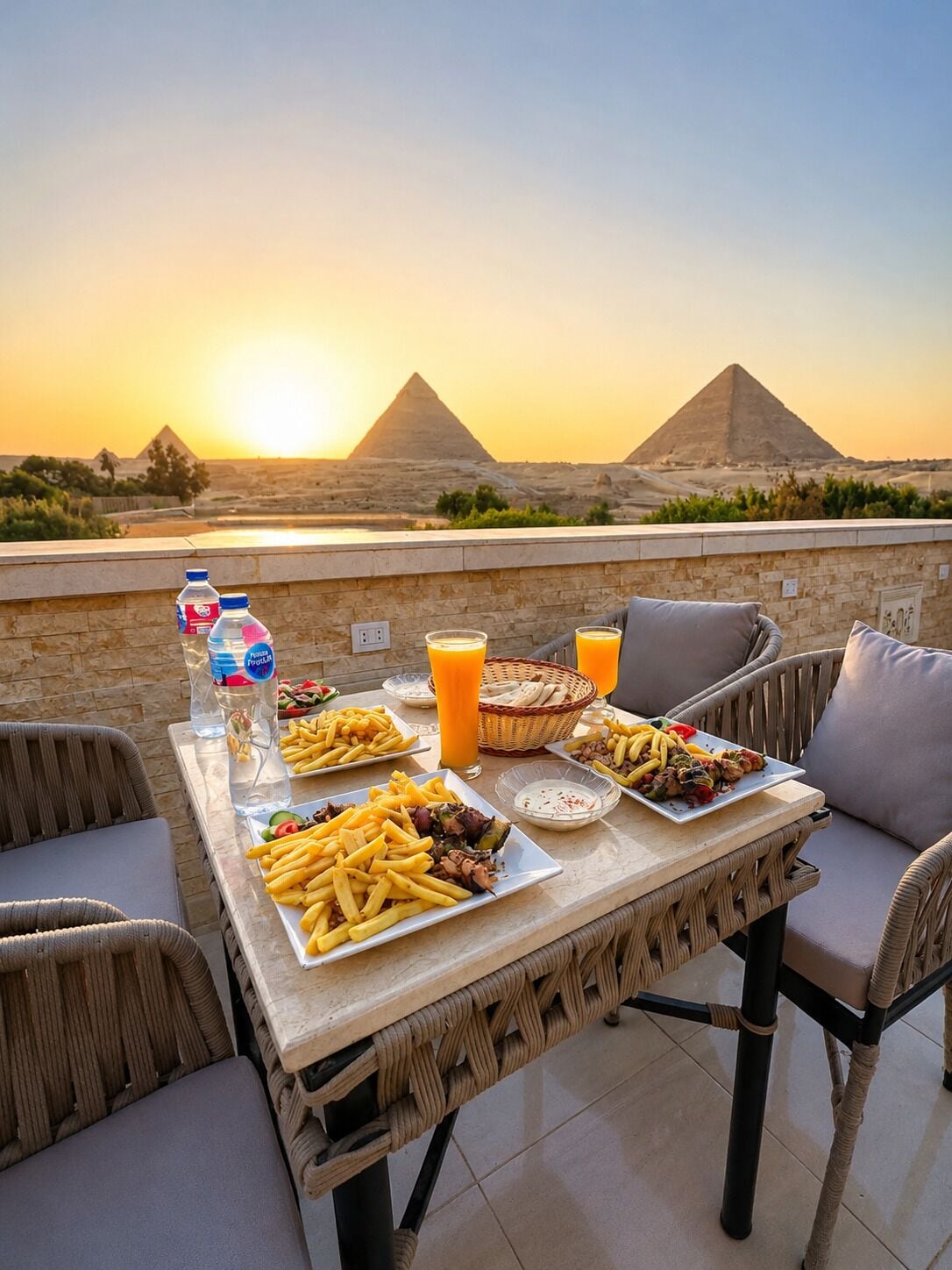 Een eettafel met eten en drinken, rieten stoelen en een uitzicht op piramides bij zonsondergang.