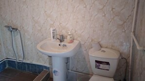 A bathroom with a white sink, a toilet, and a shower.
